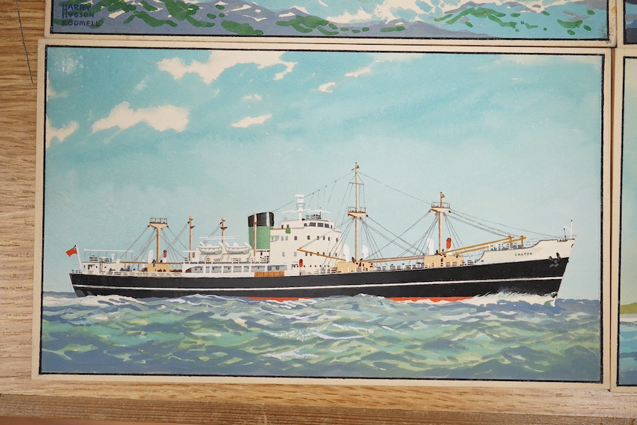 Harry Hudson Rodmell (1896-1984), six original gouaches on card for postcard designs, Merchant Shipping scenes to include MV Container Enterprise, MT Boston Arrow and MV Caxton, one signed, 12 x 20cm, unframed. Condition